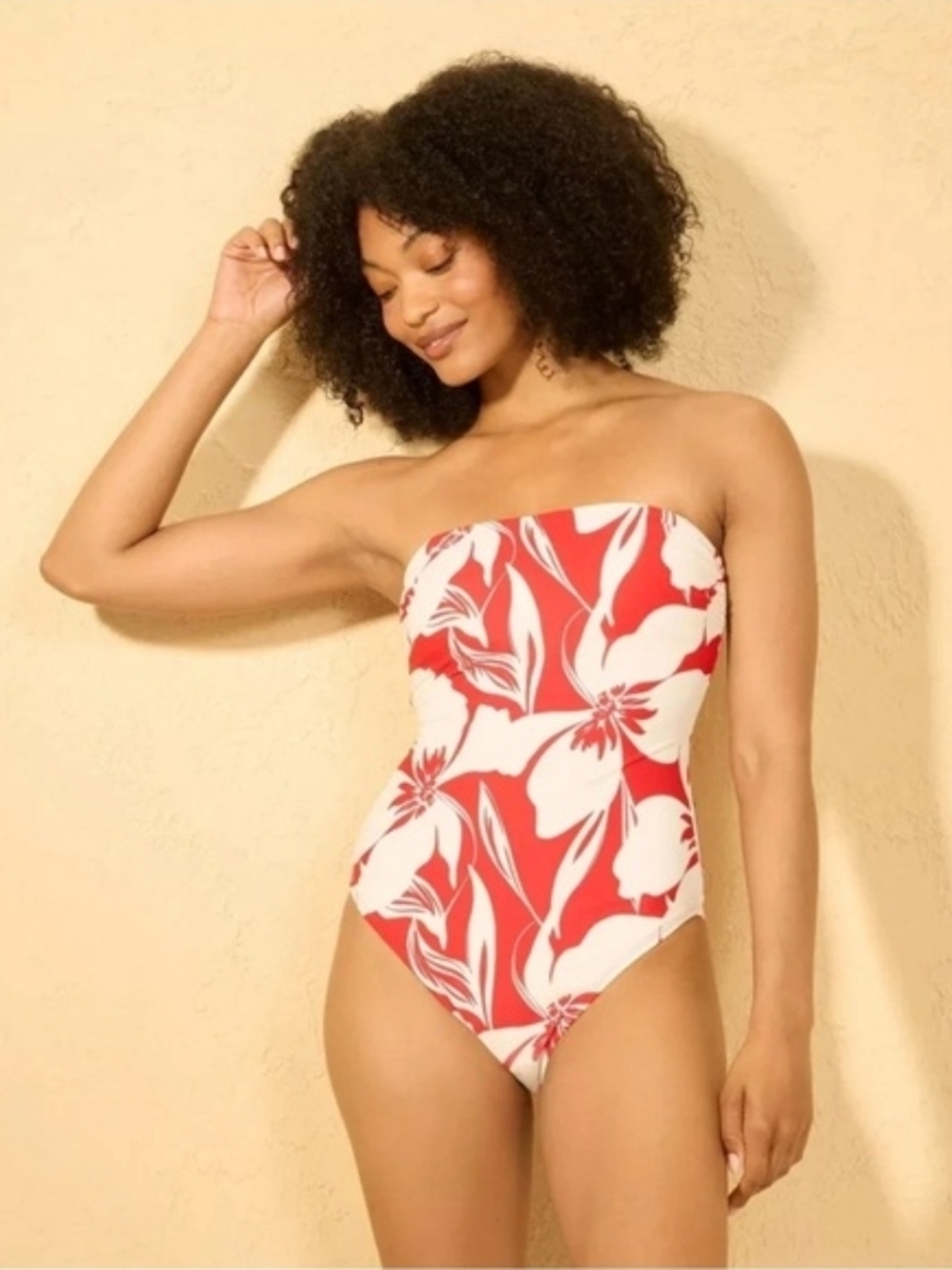 Shade & Shore Red and White Floral Strapless One-Piece Swimsuit